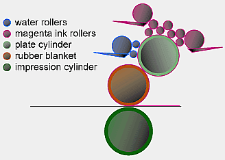 A cross sectional view of an offset printing press